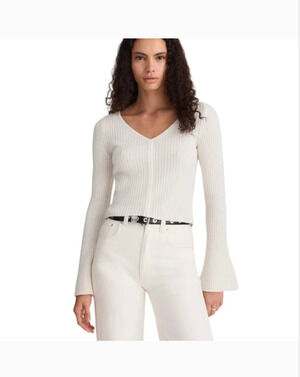 Madewell Merino Wool Ribbed V-Neck Bell Sleeve Sweater XXS NWT White 90s Y2K